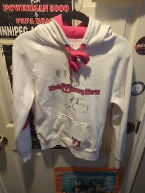 Disney World Parks Women Sweatshirt Sz S White And Pink Hoodie Silver Mickey